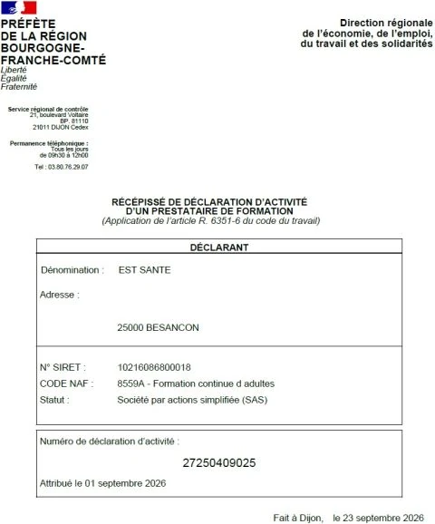 Récépissé de déclaration d'activité d'Est Santé, numéro 27250409025, délivré à Dijon le 23 septembre 2026 par la DREETS Bourgogne-Franche-Comté